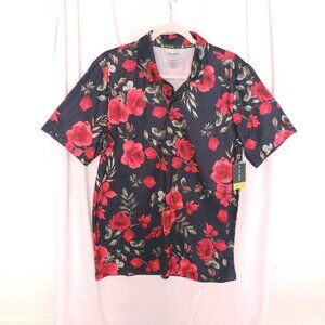 Tek Gear Navy Blue Red Roses Floral Collar Button Up Athletic Shirt Size M